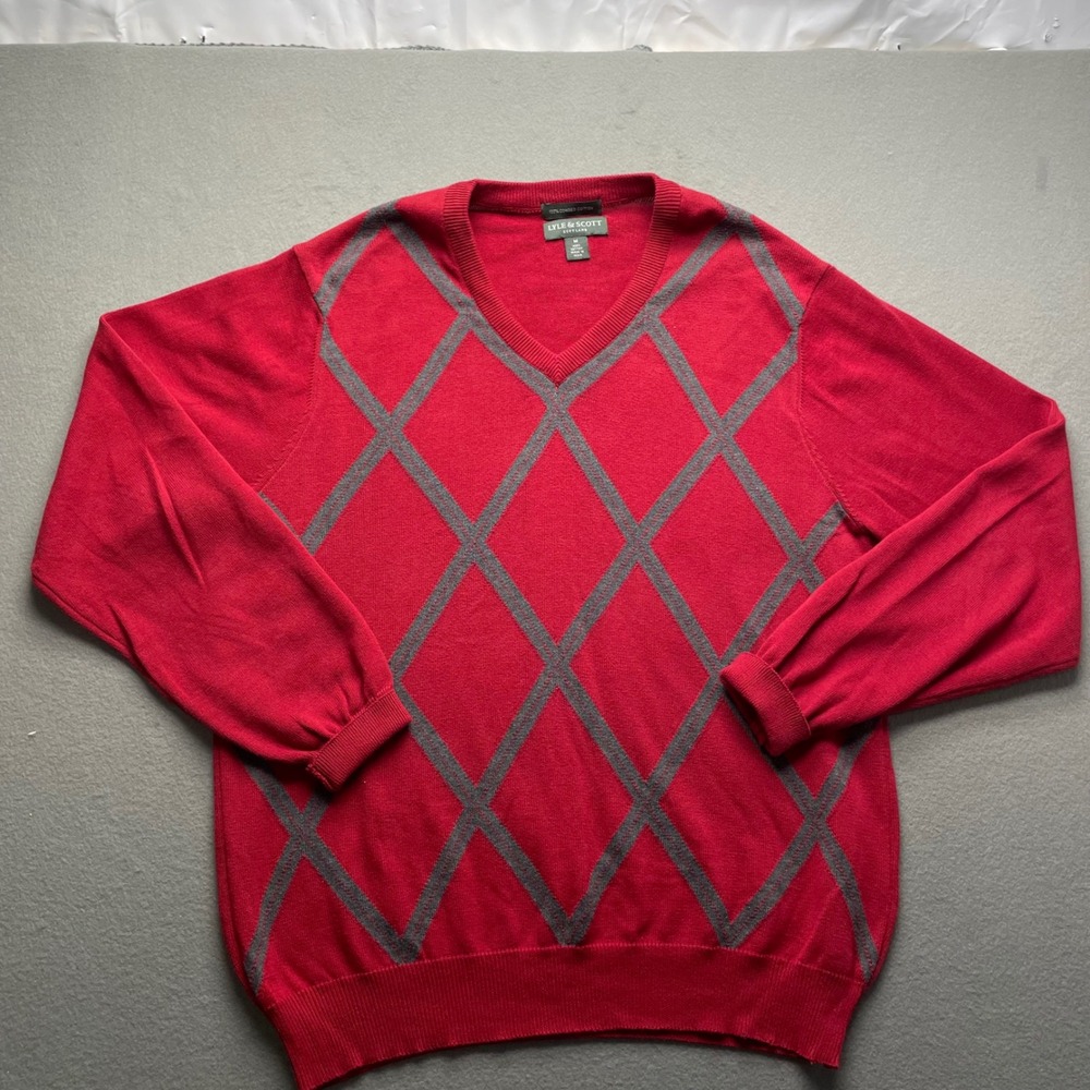 Lyle Scott Scotland Red Argyle V Neck Long Sleeve‎ Cotton Sweater Mens Size M